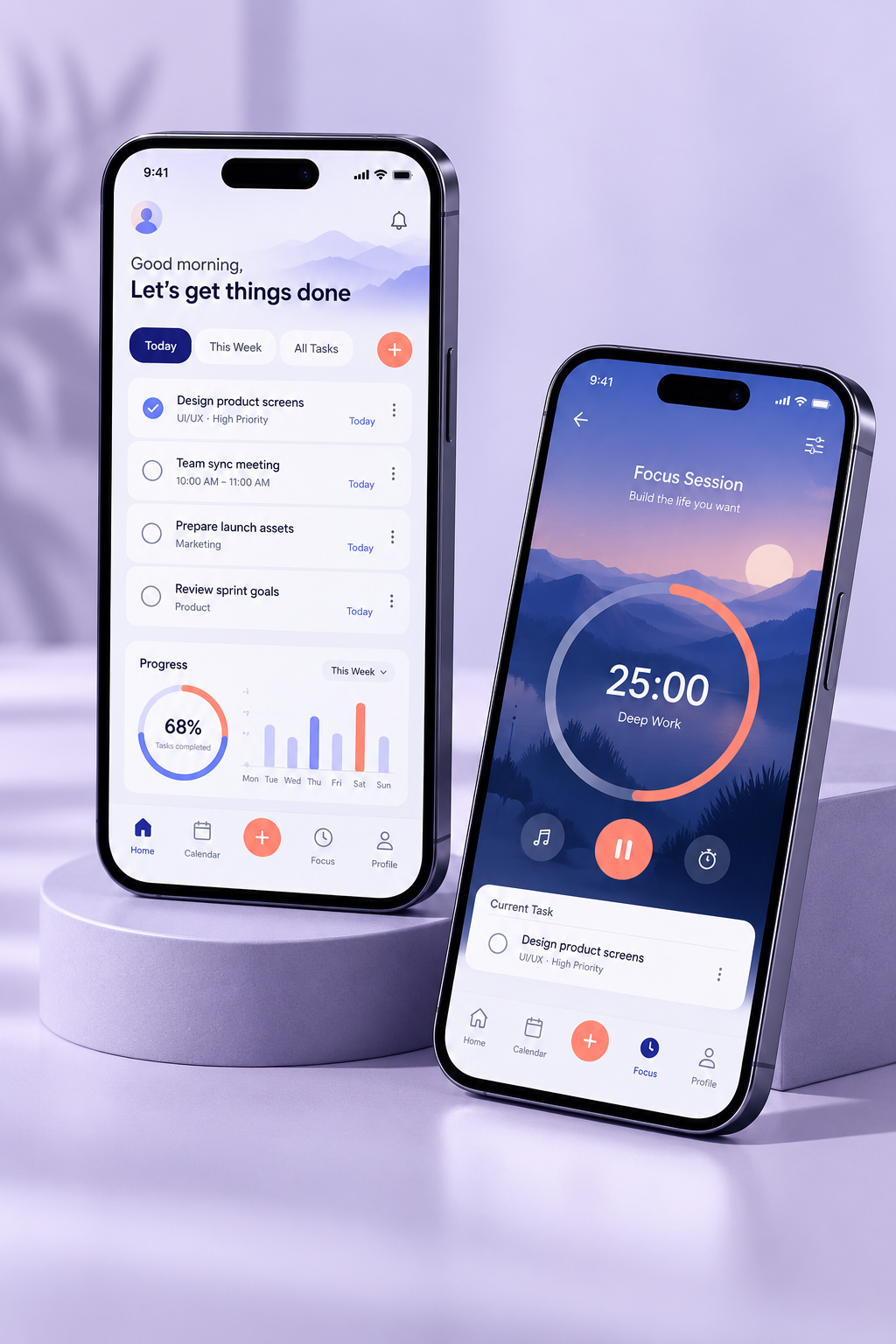 Two phones displaying a productivity app concept