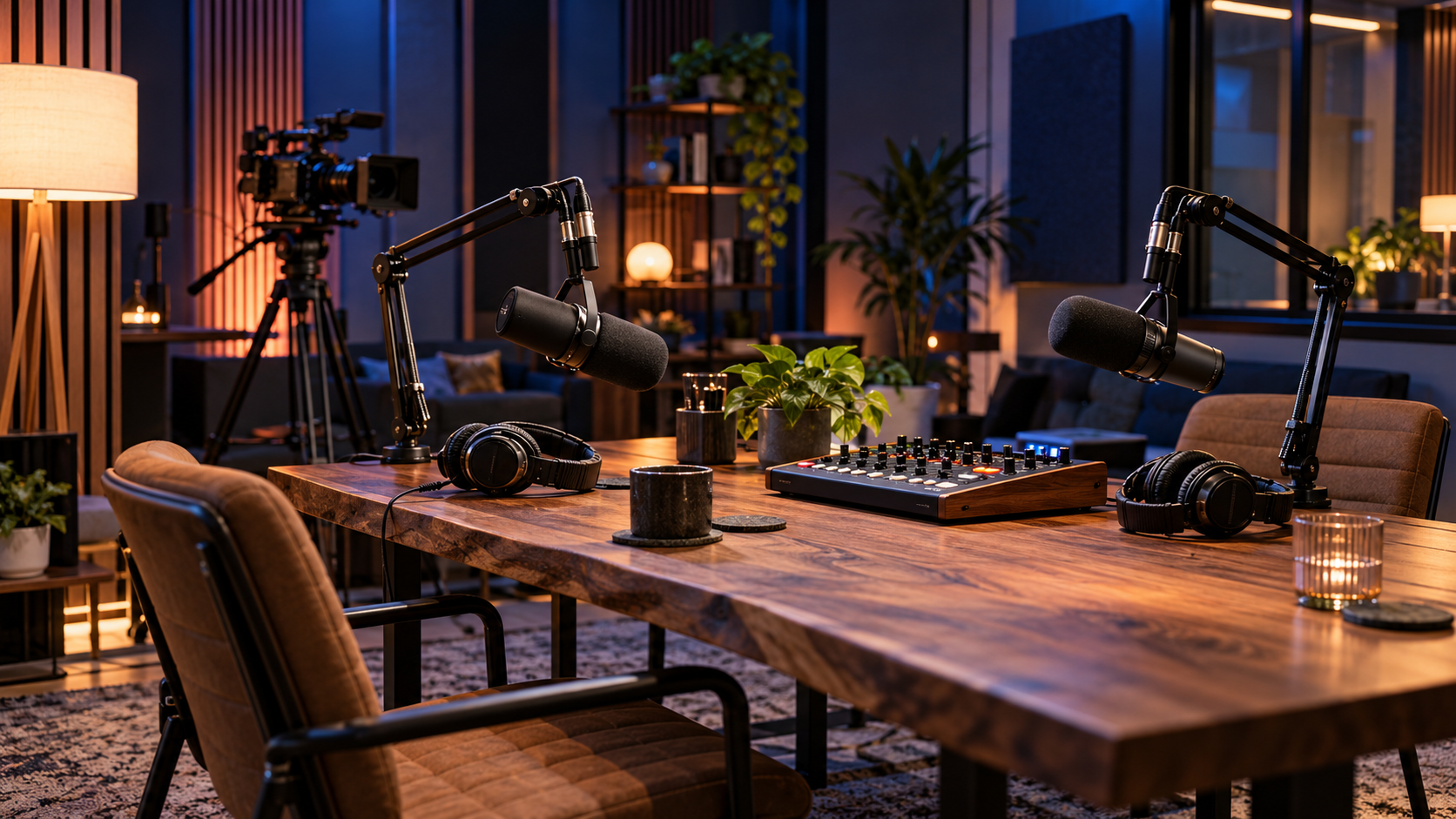 Podcast microphones and an audio mixer in a recording studio concept
