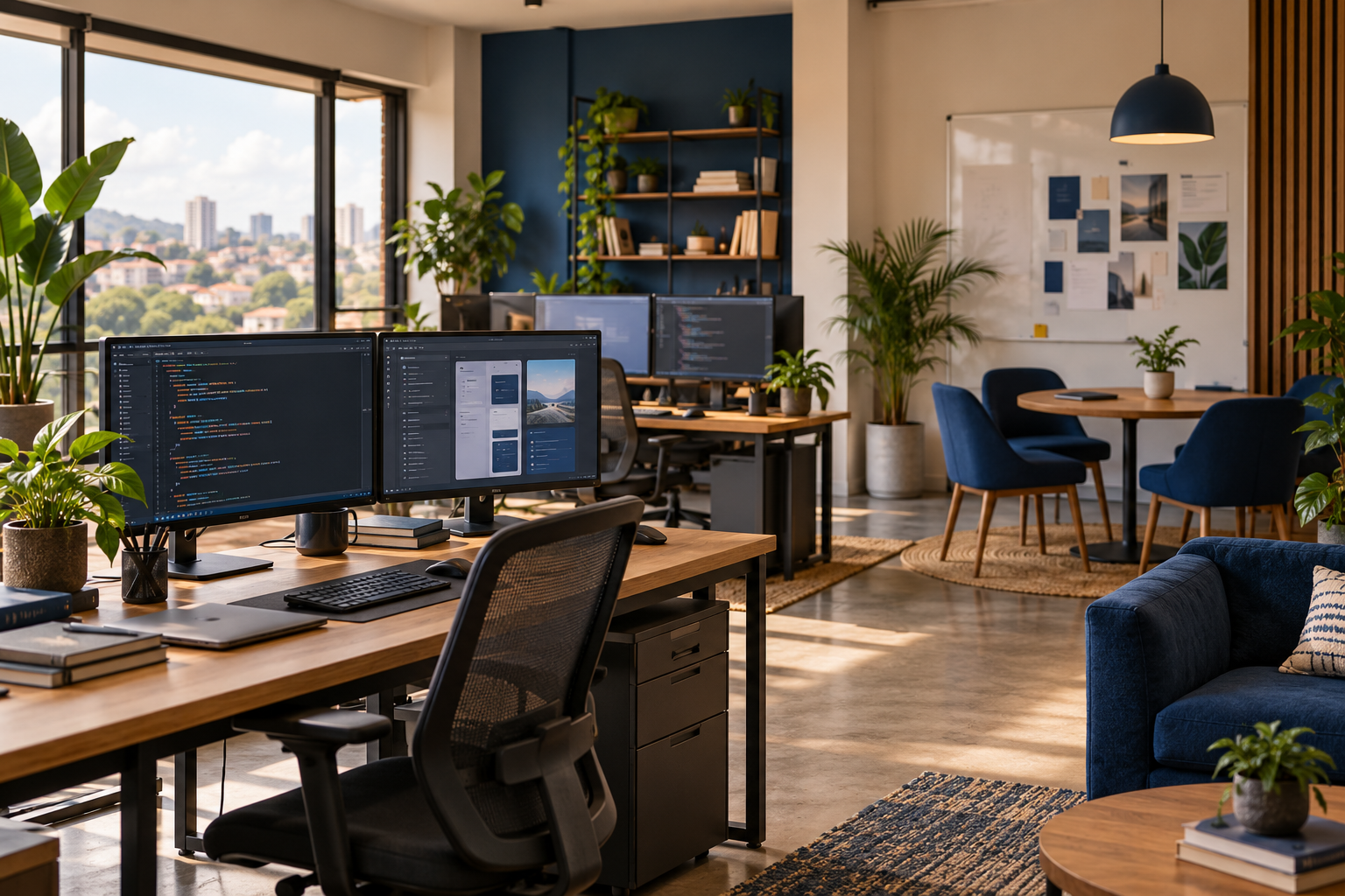 Illustrative technology studio with workstations and a collaborative meeting space